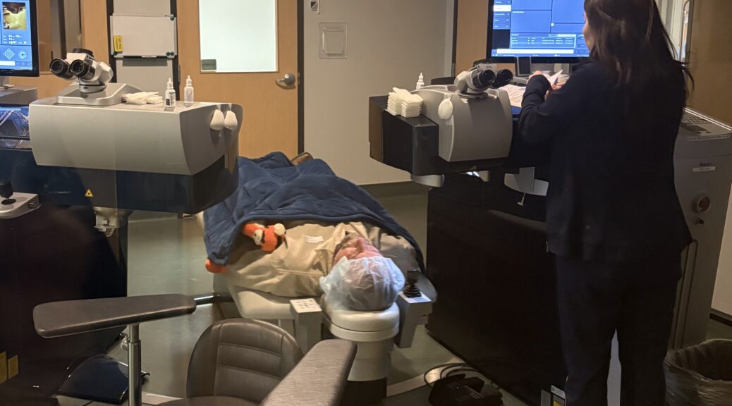 Man lying on a surgical table moments before undergoing LASIK eye surgery