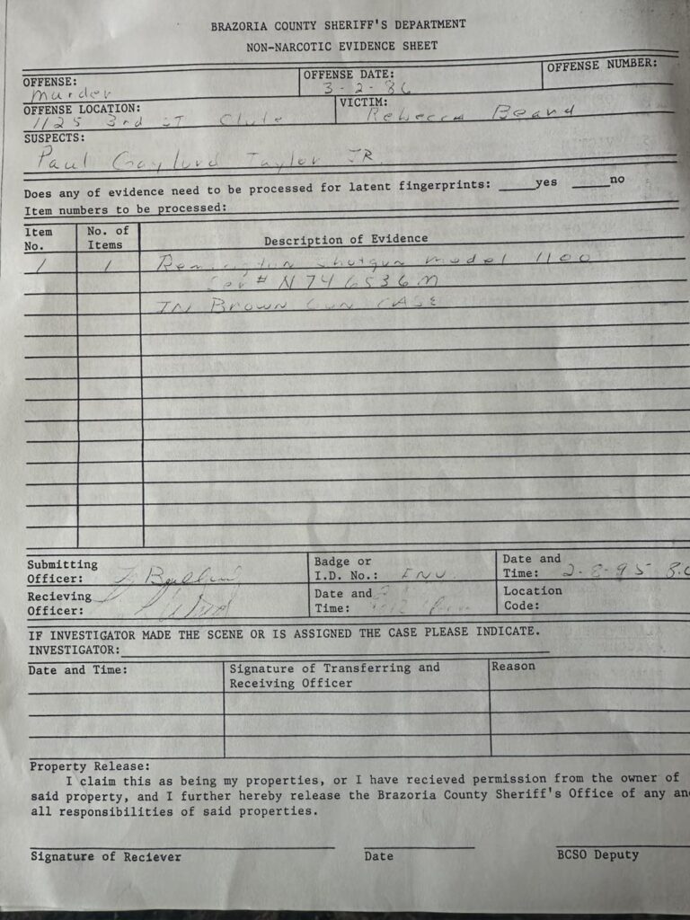 Evidence sheet reviewed by the Rebecca Beard family as they continue investigating the 1986 case.