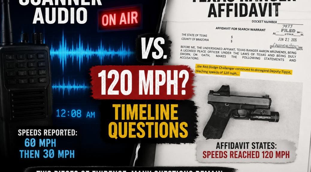 Graphic comparing scanner audio and a Texas Ranger affidavit in the June 1 Lake Jackson officer-involved shooting investigated by Investigative Reporter Tammy Rose.