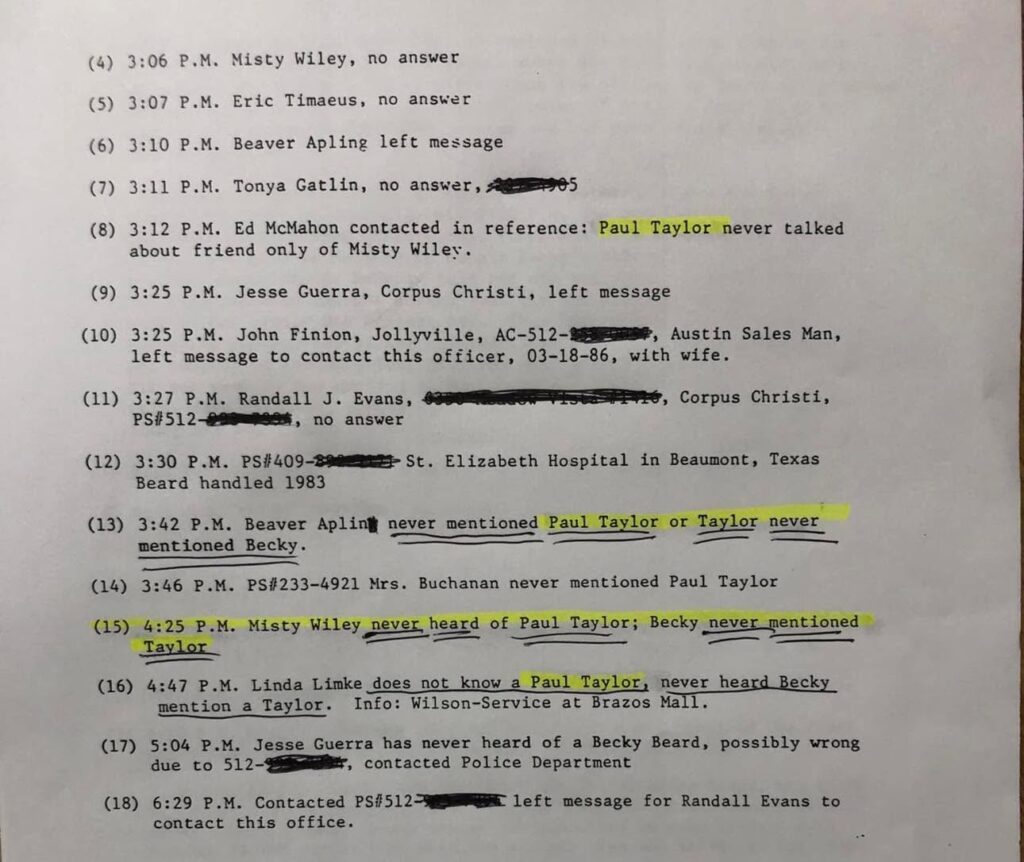Redacted police report pages reviewed by Rebecca Beard’s family, with highlighted sections referencing individuals connected to the investigation.