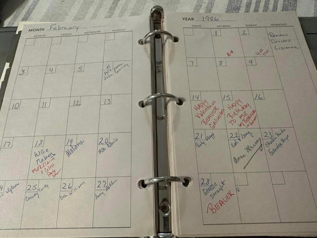 Becky Beard’s 1986 planner with handwritten notes and calendar entries, reviewed by her daughter Brittany Pipkin during her search for answers in the decades-old case.
