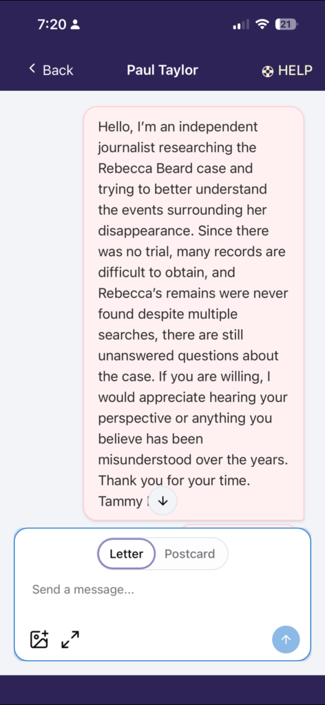 Screenshot of Tammy Rose’s message sent through the Texas Department of Criminal Justice eMessaging system requesting an interview with Paul Taylor Jr. about the Rebecca Beard case.