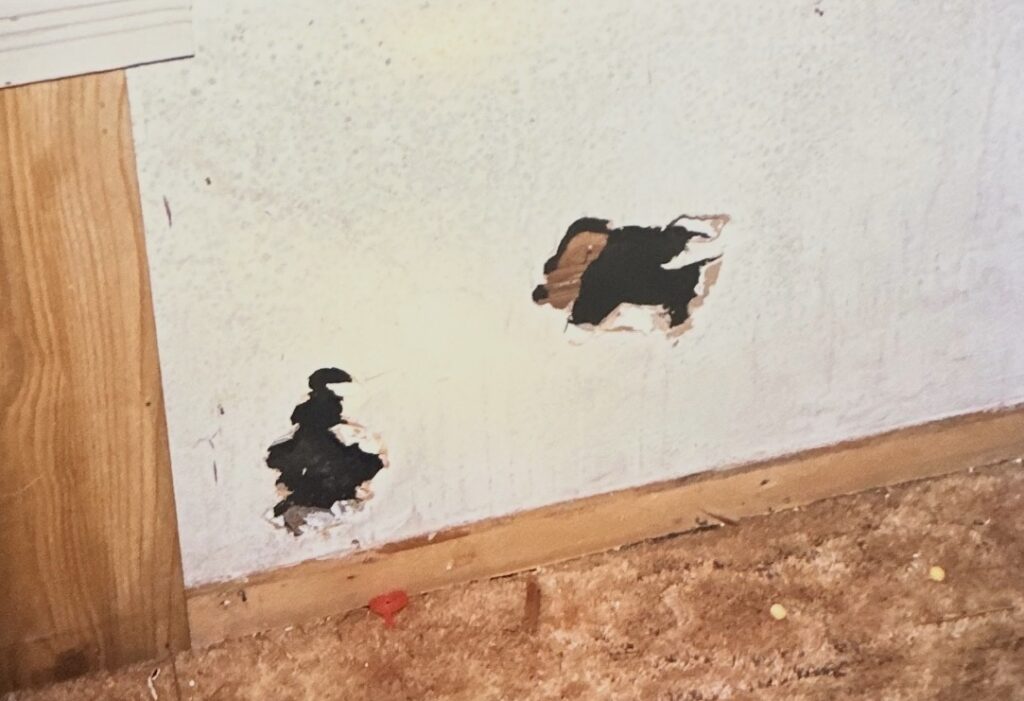 Damage visible inside a room connected to the Rebecca Beard investigation, shown in records reviewed by the family.