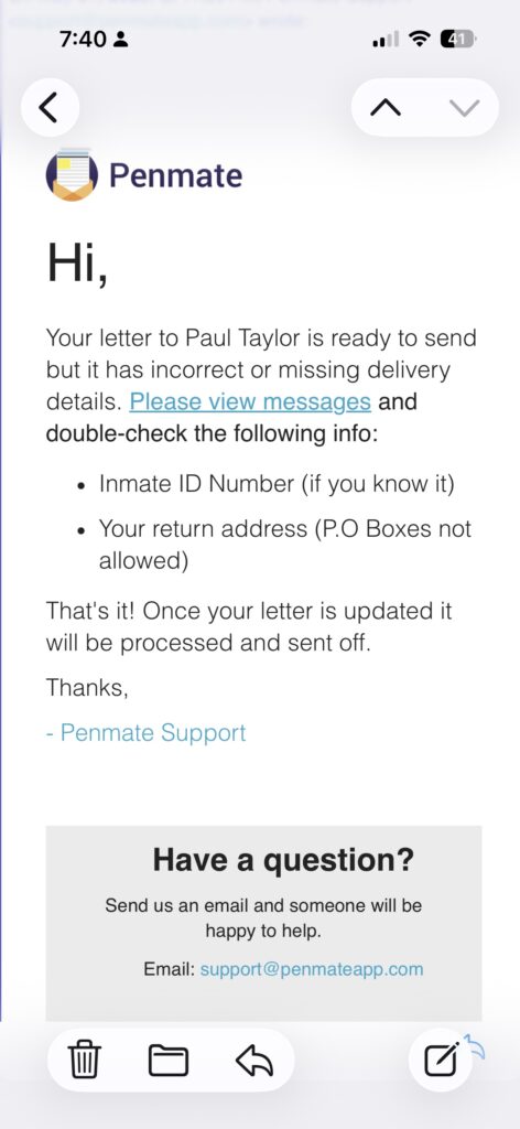 Screenshot of a Penmate notification indicating Tammy Rose’s letter to Paul Taylor Jr. could not be processed because required delivery information was missing.