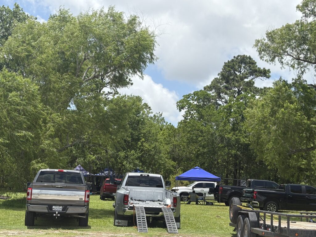 EquuSearch search vehicles and investigators gather near Calder Road during the latest Texas Killing Fields search for evidence related to a possible additional victim.