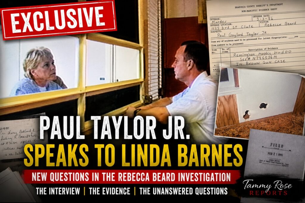 Rebecca Beard investigation thumbnail showing Linda Barnes, Paul Taylor Jr. and police evidence documents reviewed by Investigative Reporter Tammy Rose.