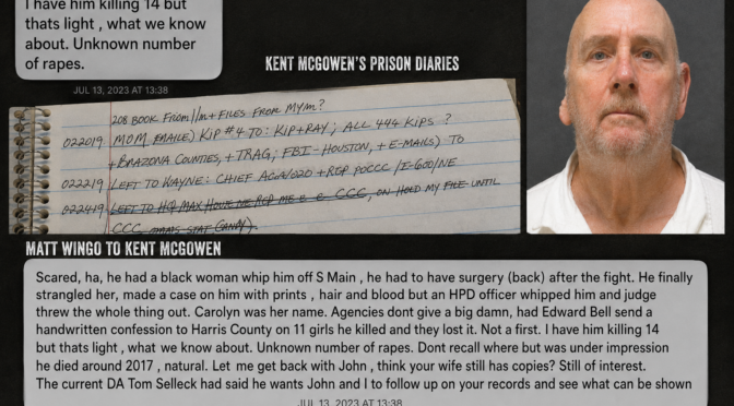 Matt Wingo response to Roy Alan Stuart investigation showing July 2023 text messages, Kent McGowen prison diaries and Roy Alan Stuart mugshot.