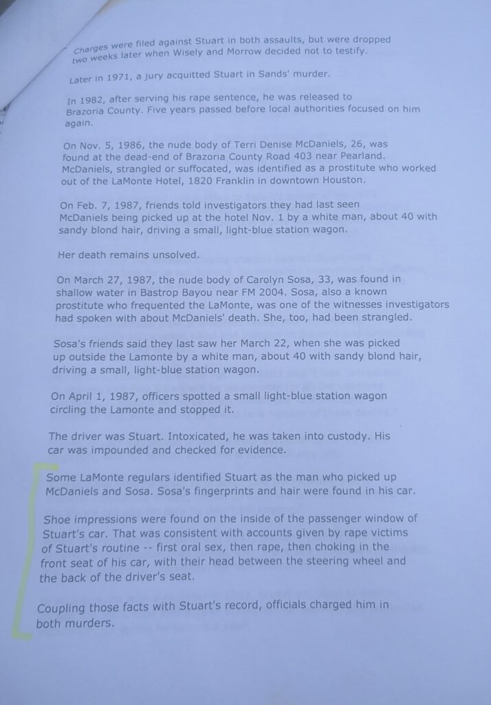 Gallery image showing historical investigative records and article excerpts discussing Roy Alan Stuart, including references to Carolyn Sosa’s case and historical investigative findings.