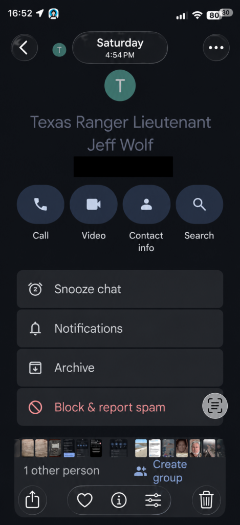 Contact screen identifying Texas Ranger Lieutenant Jeff Wolf, provided by Kent McGowen as part of his Roy Alan Stuart investigation materials. Phone number has been redacted.