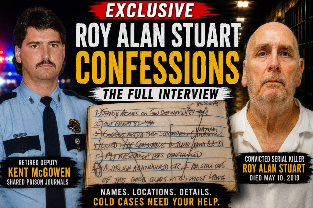 Thumbnail featuring retired deputy Kent McGowen on the left, convicted serial killer Roy Alan Stuart on the right, and a real handwritten prison notebook page in the center. The image promotes an exclusive interview about McGowen’s prison journals documenting alleged conversations with Stuart.
