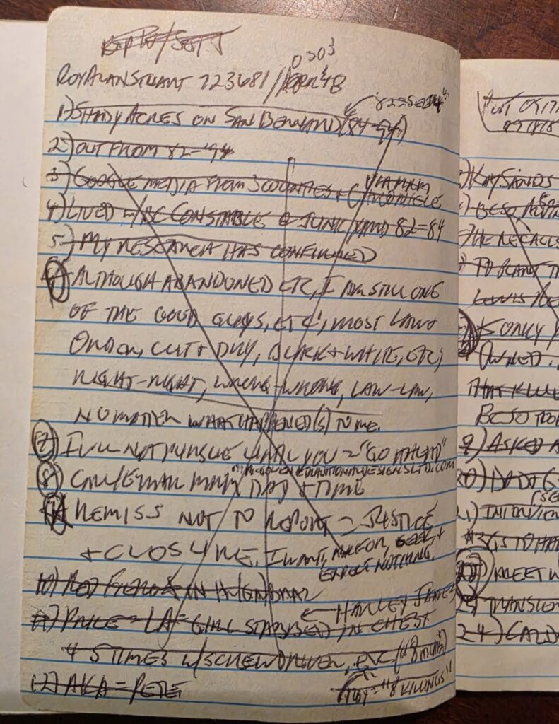 Close-up of a handwritten prison journal page provided by former Harris County deputy Kent McGowen documenting notes he says were taken after conversations with convicted serial killer Roy Alan Stuart while incarcerated.