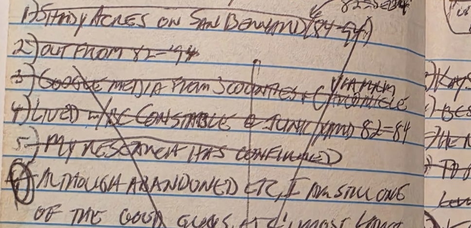 Close-up of a handwritten notebook page provided by Kent McGowen containing numbered investigative notes. Entries appear to reference a junkyard, an “ex constable,” and the Alvin area between 1982 and 1984. Portions of the handwriting are difficult to decipher.
