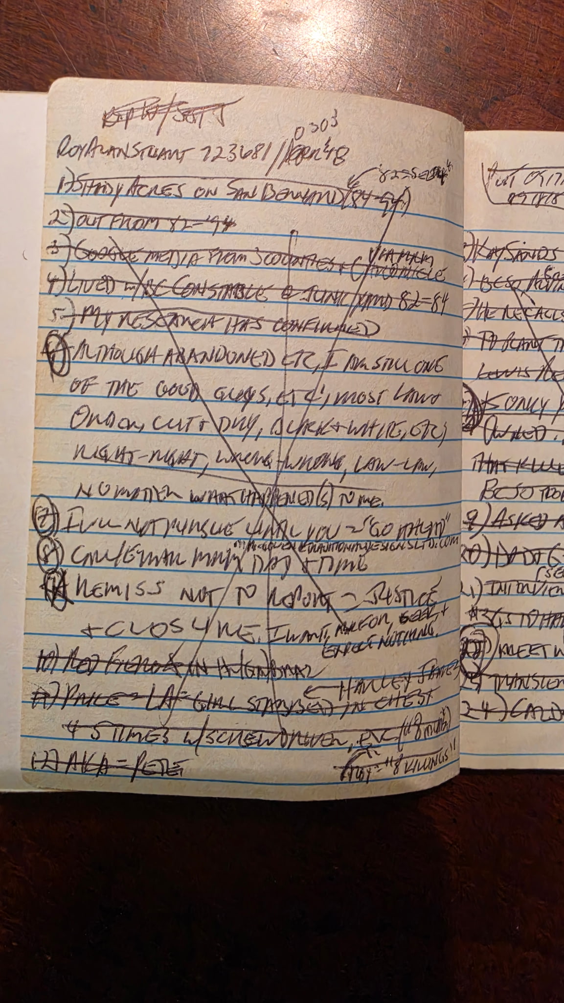 Handwritten prison notebook page by Joseph Kent McGowen containing notes about an alleged murder-for-hire involving a deputy constable and other conversations attributed to Roy Alan Stuart.