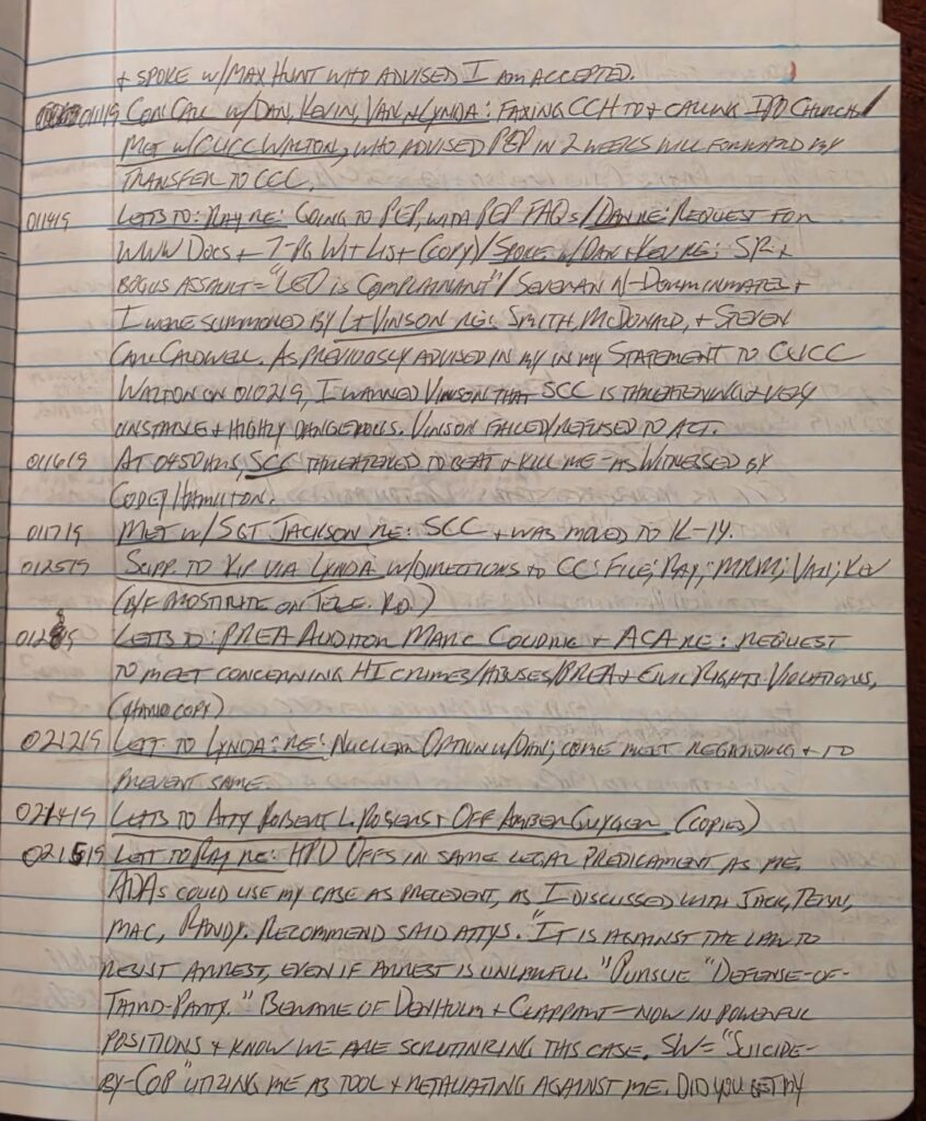 Gallery of handwritten prison journal pages and notebook entries provided by former inmate Kent McGowen, who said he documented conversations and allegations involving convicted serial killer Roy Alan Stuart while they were incarcerated. The writings have not been independently verified.