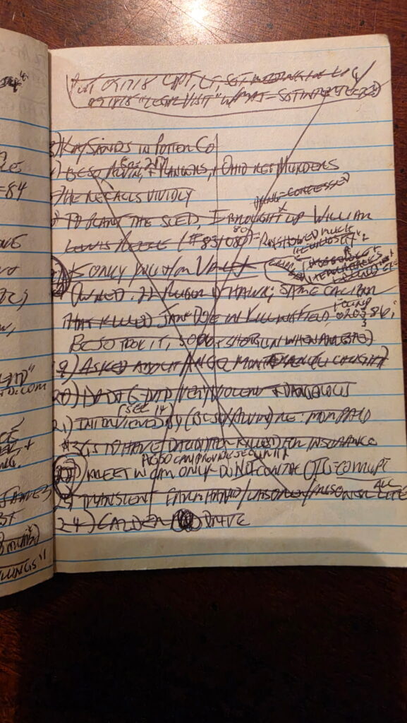 Handwritten prison notebook page attributed to former Harris County deputy Joseph Kent McGowen containing notes about alleged conversations with Roy Alan Stuart regarding the Potter County nun investigation.