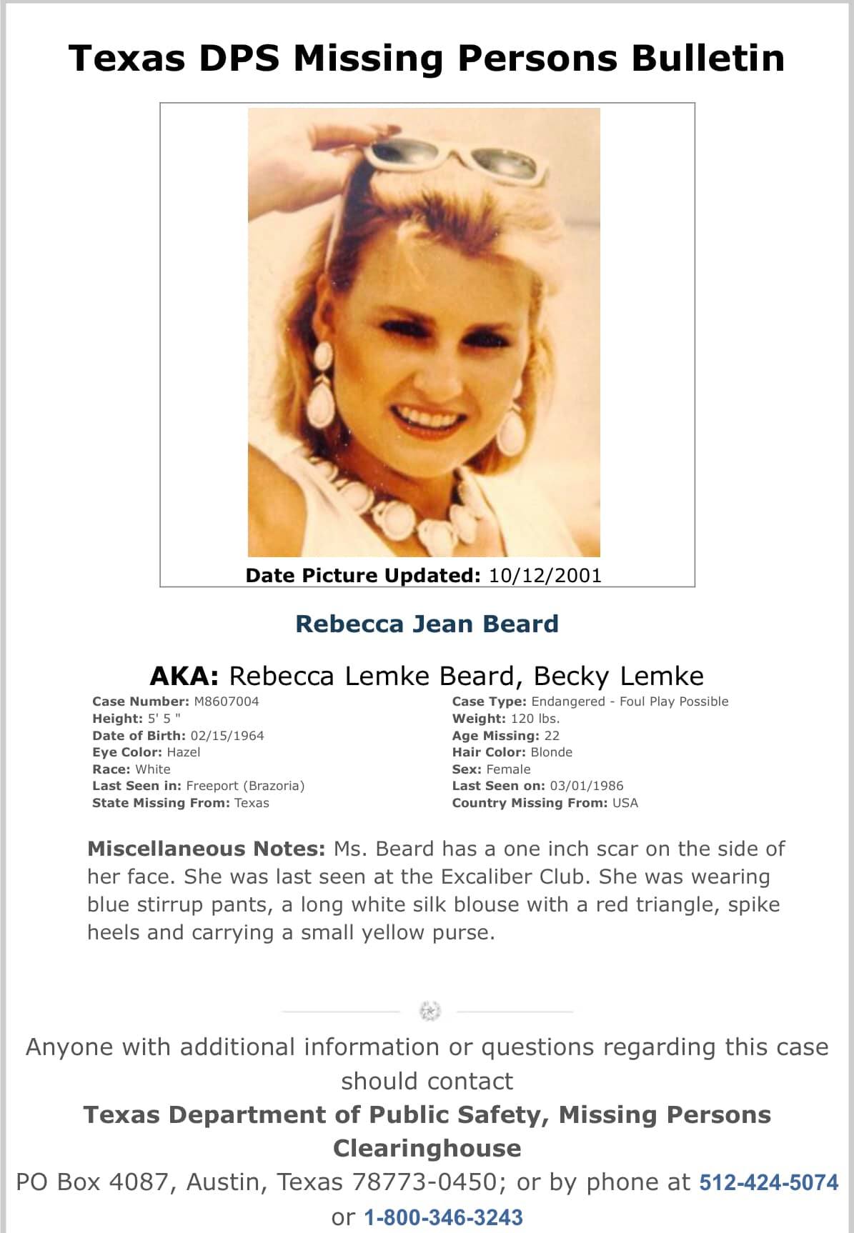 Texas Department of Public Safety Missing Persons Bulletin for Rebecca Jean Beard, issued during the investigation into her disappearance.