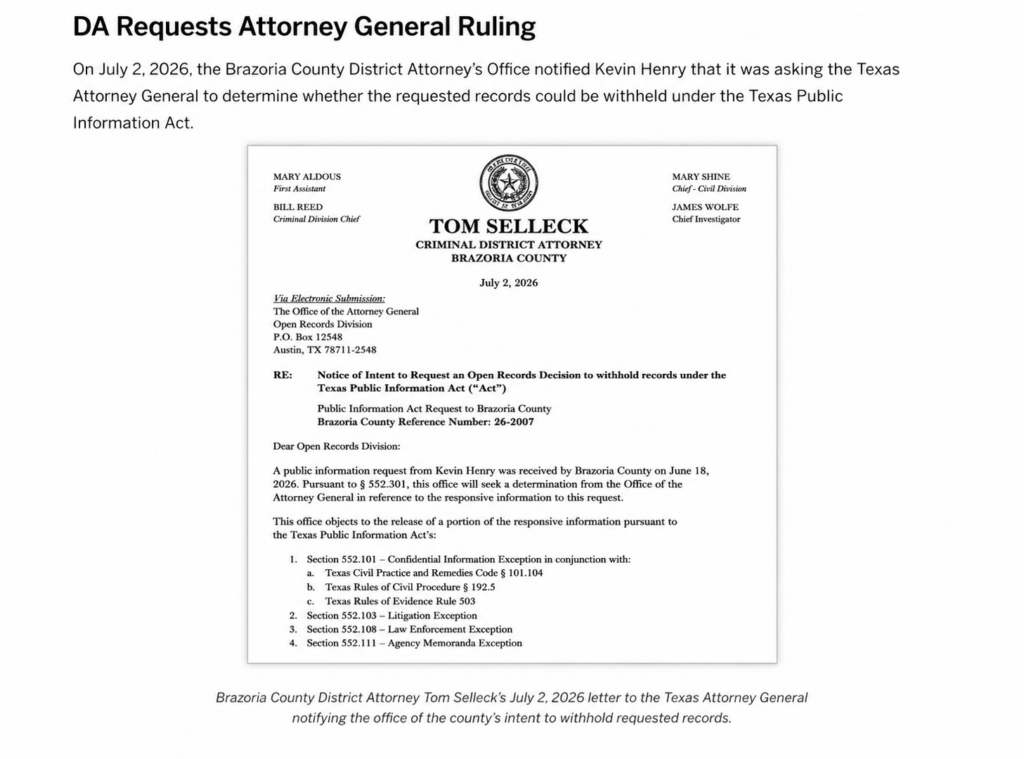 July 2, 2026 Brazoria County District Attorney letter requesting a Texas Attorney General ruling on whether records related to outside legal counsel may be withheld under the Texas Public Information Act.