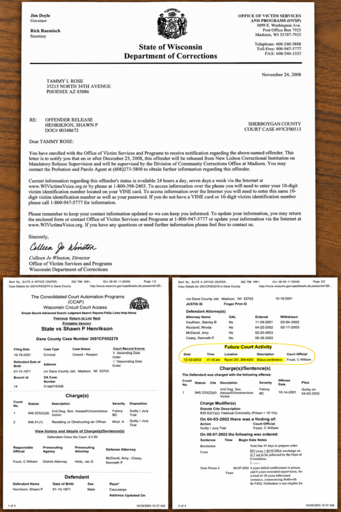 Wisconsin court records and victim notification documents preserved by Tammy Rose years after her criminal case, illustrating the lasting impact of surviving sexual assault.