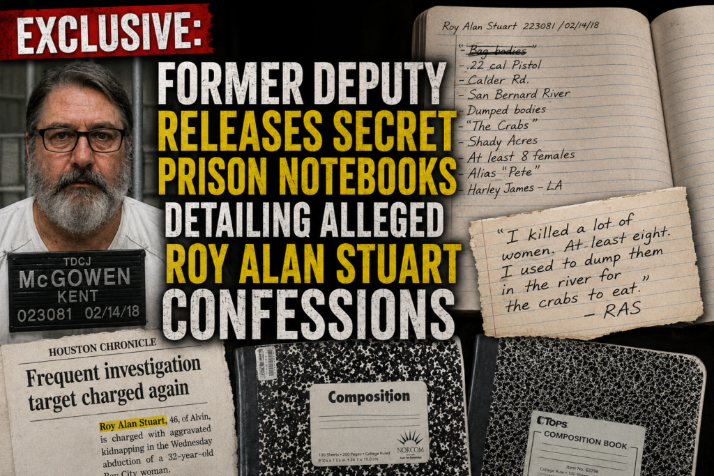 Former deputy Kent McGowen’s prison notebooks and handwritten notes documenting alleged conversations with Roy Alan Stuart, alongside a Houston Chronicle article about Stuart.