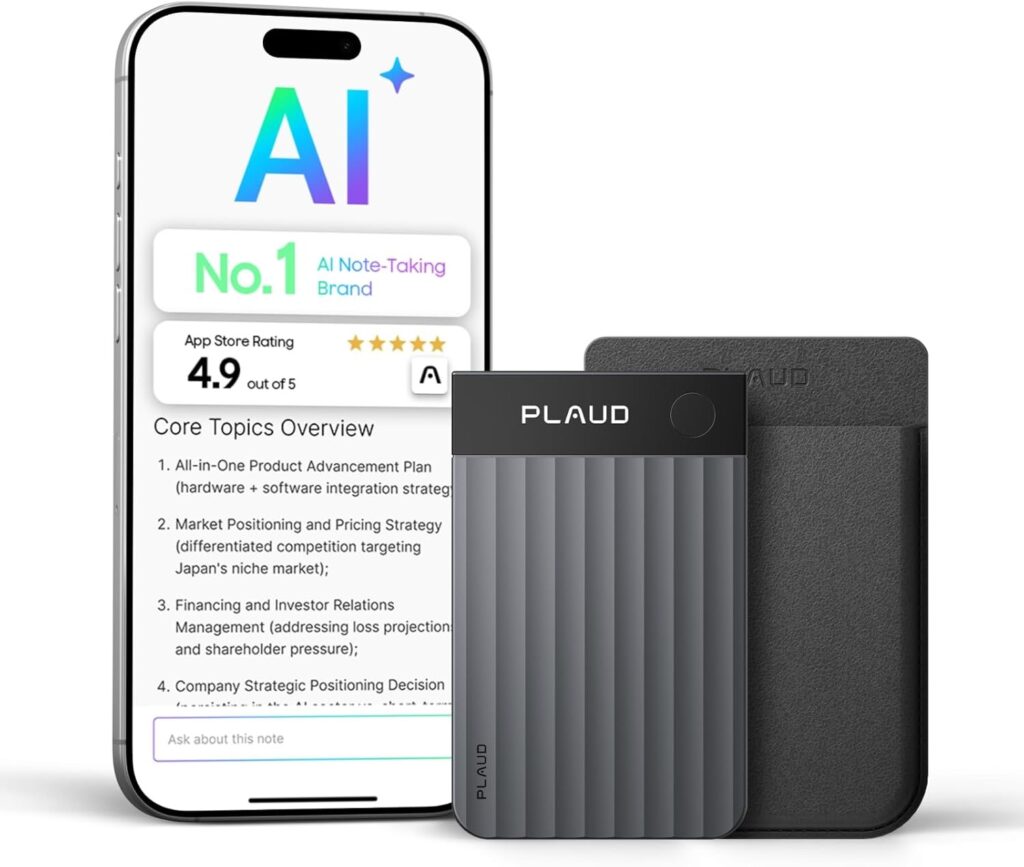PLAUD AI digital voice recorder shown with its mobile transcription app