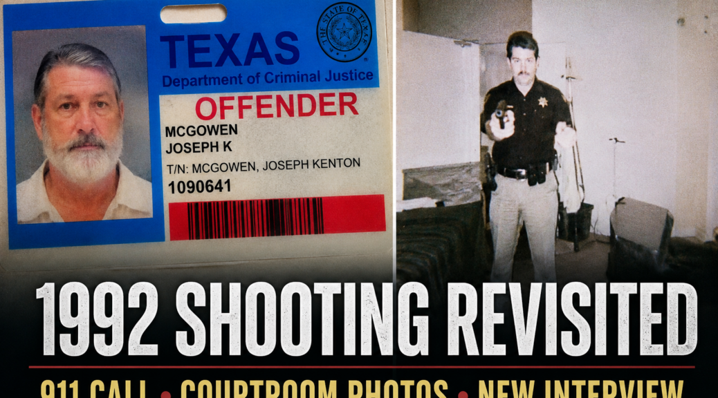 Featured image combining courtroom demonstration photographs and Kent McGowen’s prison identification card for coverage of the 1992 Susan White shooting.