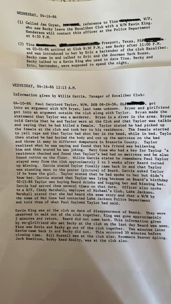 Composite police report pages from the Rebecca Beard investigation. The documents include witness statements from Tina, Willie Garcia, and references to Matt Cone, who is identified as John Cone’s brother, as investigators documented interviews and leads in April 1986.