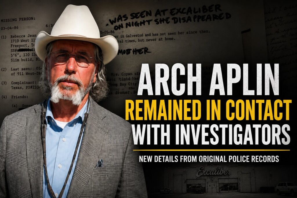 Graphic featuring Arch “Beaver” Aplin III alongside the headline “Arch Aplin Remained in Contact With Investigators” over a background of original Rebecca Beard police records and the former Excalibur Club.