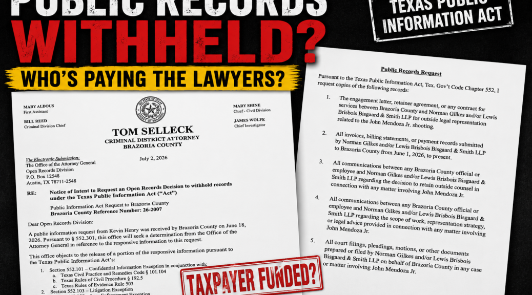 Public records request and Brazoria County DA letter seeking to withhold records in the John Mendoza Jr. shooting investigation.