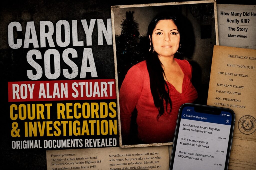 Carolyn Sosa cold case investigation featuring her photograph, court records and documents connected to Roy Alan Stuart.