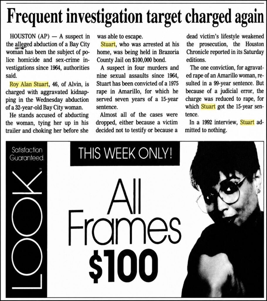Historical 1994 Victoria Advocate newspaper clipping reporting Roy Alan Stuart’s arrest in Brazoria County and describing his criminal history.