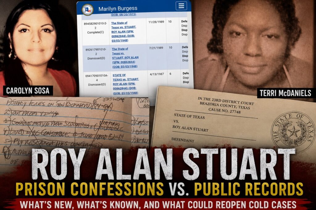 Composite graphic showing Carolyn Sosa, Terri McDaniels, court records and Joseph Kent McGowen’s prison notebook used to compare Roy Alan Stuart’s alleged prison confessions with historical public records.