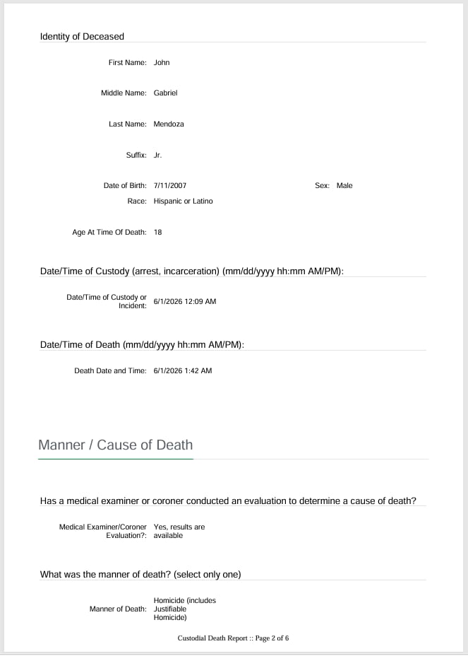 Texas Attorney General Custodial Death Report identifying John Gabriel Mendoza Jr. and listing the official manner and cause of death in the Lake Jackson investigation.