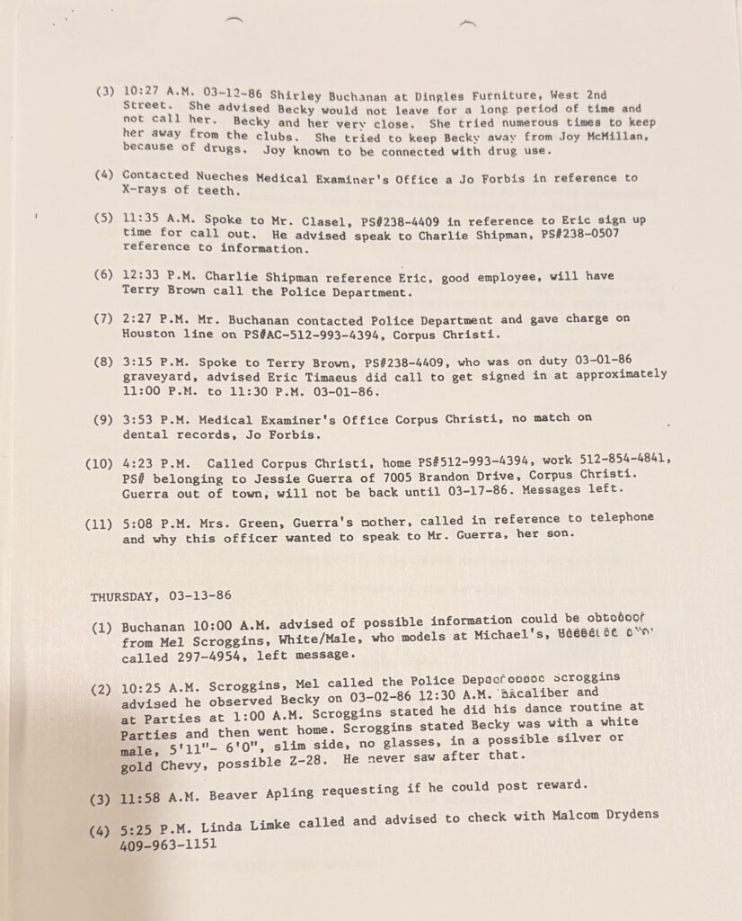 March 13, 1986 police report documenting witness information in the Rebecca Beard investigation, including dancer Mel Scroggins’ account of seeing Becky at Excalibur and later at an after-party.