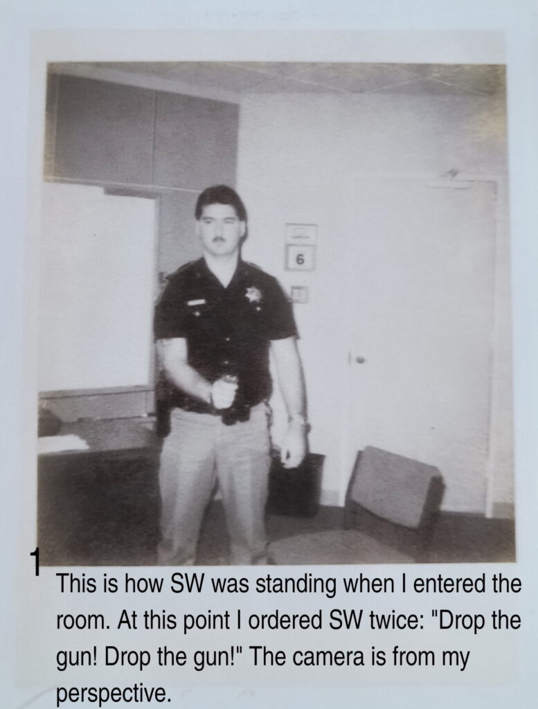 Courtroom demonstration photographs provided by Kent McGowen showing his account of the Aug. 25, 1992, shooting of Susan White.