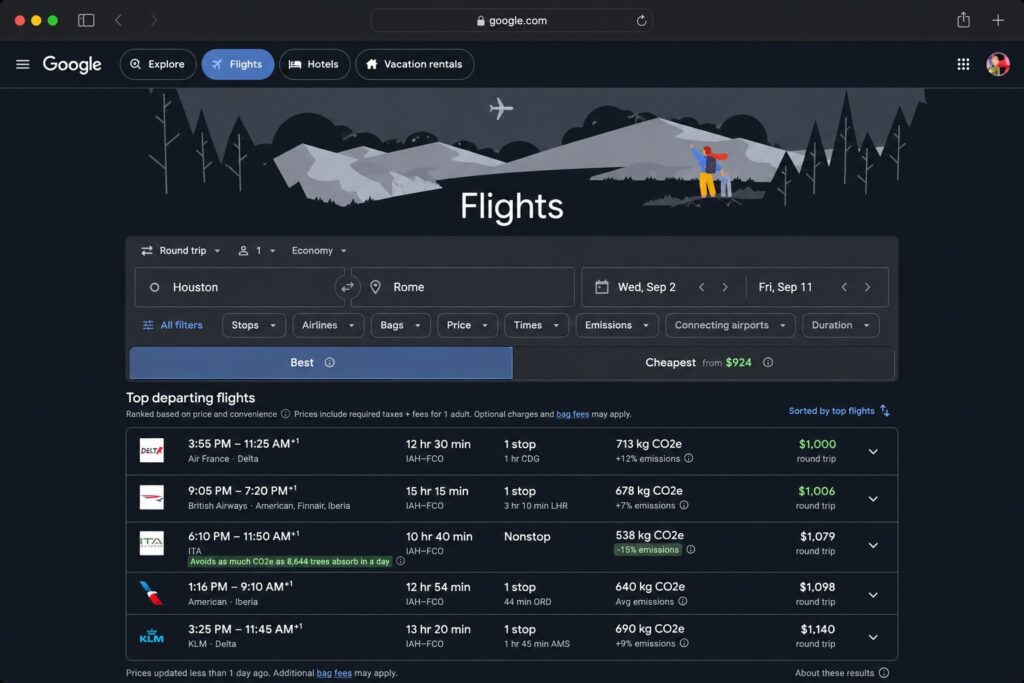 Google Flights search results comparing airfare from Houston to Rome with price tracking and multiple airline options.