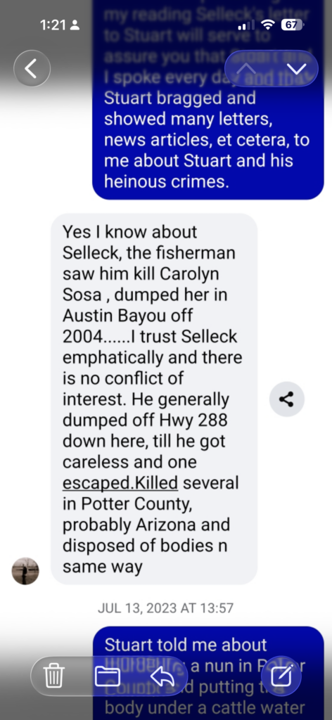 Screenshot of a text message provided by former Harris County deputy Kent McGowen discussing alleged information about Roy Alan Stuart alongside a photograph of Austin Bayou referenced in McGowen’s notes.