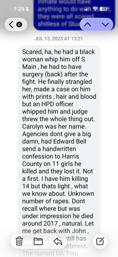 July 13, 2023 text message exchange between investigator Matt Wingo and former Harris County deputy Kent McGowen discussing Roy Alan Stuart, an estimated homicide count, and follow-up on investigative records.