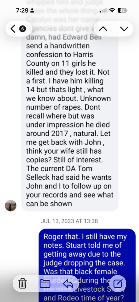July 13, 2023 text message exchange between investigator Matt Wingo and former Harris County deputy Kent McGowen discussing Roy Alan Stuart, an estimated homicide count, and follow-up on investigative records.