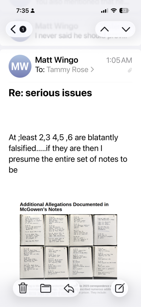 Screenshot of an email from investigator Matt Wingo responding to my Roy Alan Stuart investigation, stating he believes several claims in Kent McGowen’s prison journals are “blatantly falsified.”