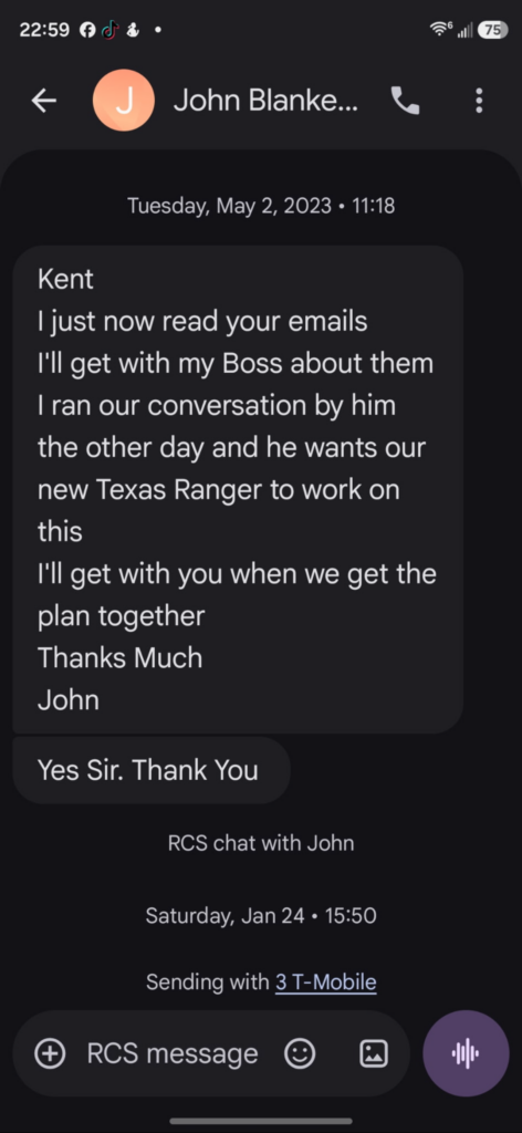 Screenshot of a May 2, 2023 text message from John Blankenship discussing Kent McGowen’s Roy Alan Stuart information and referencing a Texas Ranger.