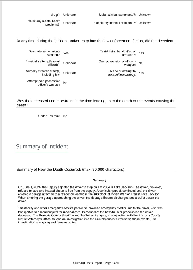 Texas Attorney General Custodial Death Report summary describing the fatal shooting of John Gabriel Mendoza Jr. and stating that the deputy’s firearm discharged while approaching the driver.