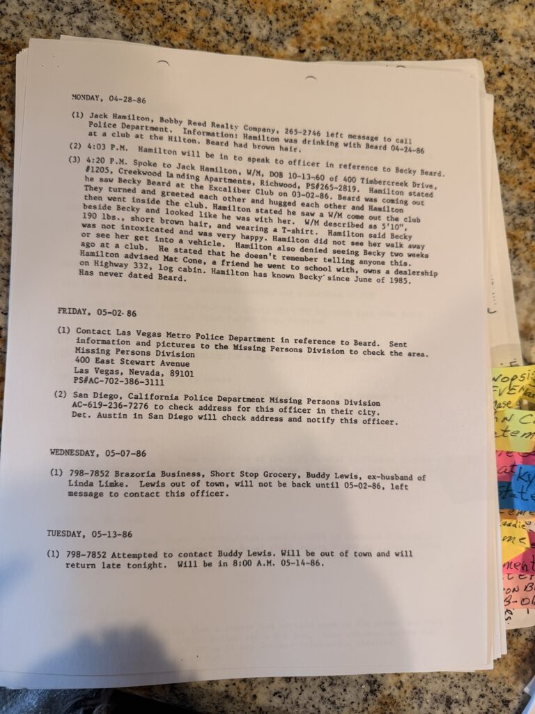 April 28, 1986 police report documenting witness interviews in the Rebecca Beard investigation, including statements from Jack Hamilton and dancer Mel Scroggins regarding Becky’s movements after leaving the Excalibur Club.