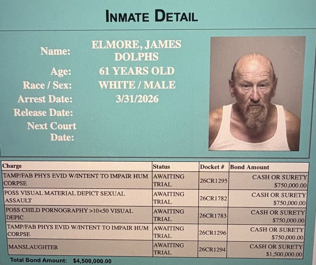 Booking photo of James Elmore Jr. displayed on an inmate detail card related to his criminal case.