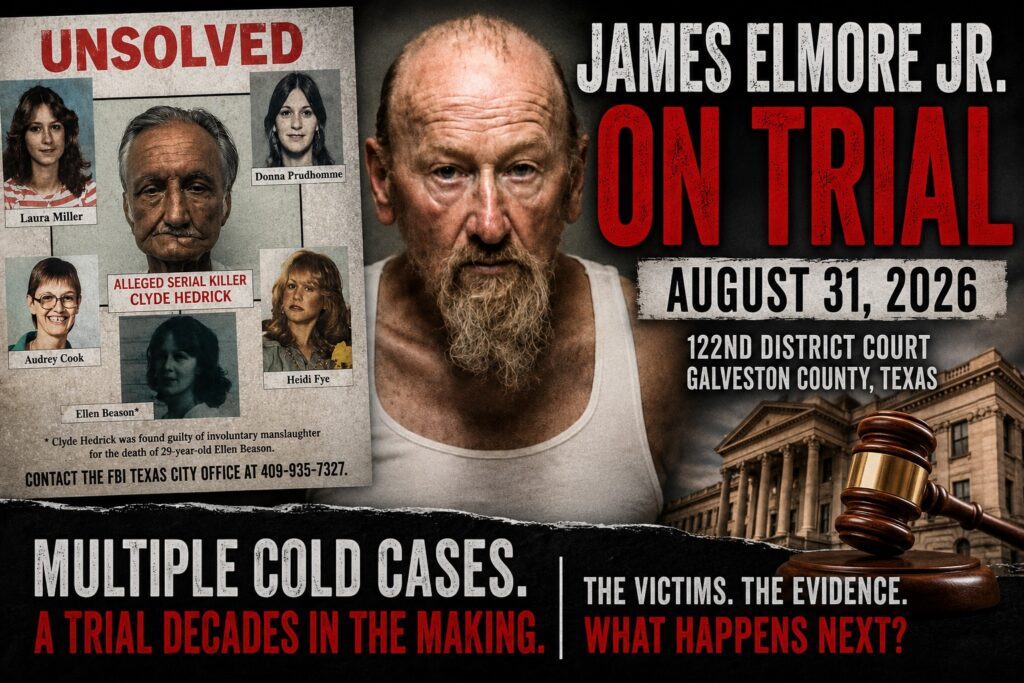 Featured image announcing the upcoming James Elmore Jr. trial, showing James Elmore Jr., a board displaying victims connected to the Calder Road investigation, and a courthouse gavel.