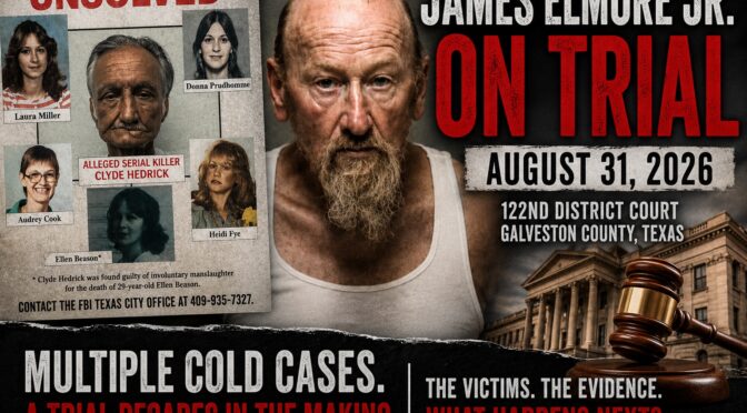 Featured image announcing the upcoming James Elmore Jr. trial, showing James Elmore Jr., a board displaying victims connected to the Calder Road investigation, and a courthouse gavel.