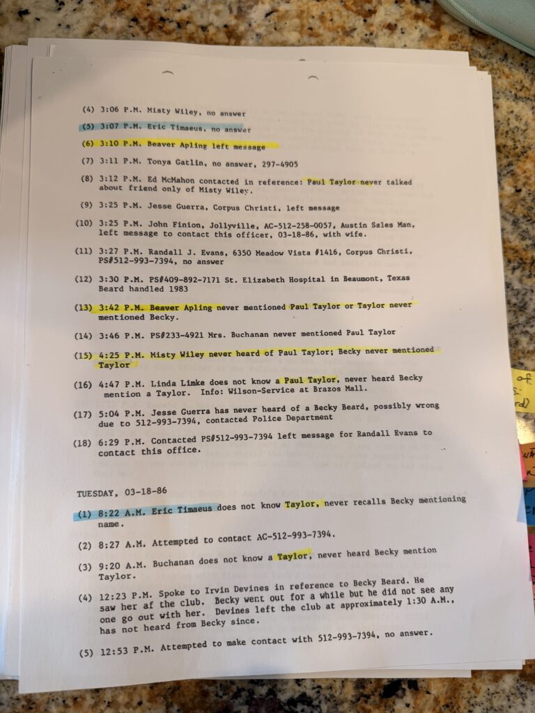 March 1986 police report documenting early witness interviews in the Rebecca Beard investigation, including statements from people who told investigators they did not know Paul Taylor or had never heard Becky mention him.
