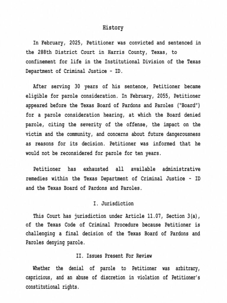Paul Taylor’s 2007 writ memorandum outlining his parole history and denial