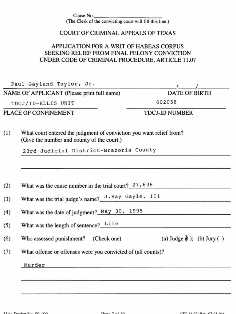 Paul Taylor writ listing 1995 murder conviction and life sentence