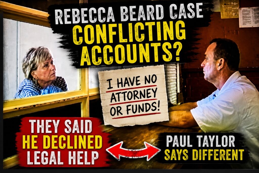 Rebecca Beard case thumbnail showing Paul Taylor during a prison visitation and text highlighting conflicting accounts about legal representation.