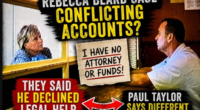 Rebecca Beard case thumbnail showing Paul Taylor during a prison visitation and text highlighting conflicting accounts about legal representation.